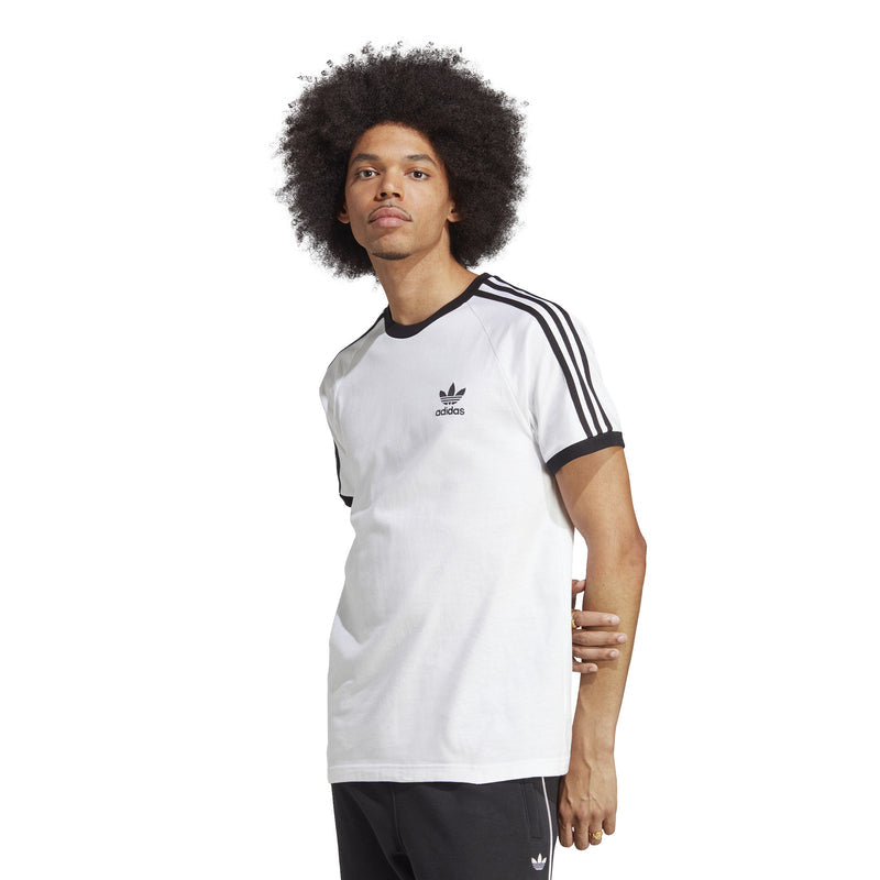 Men's white Adidas 3-stripe T-shirt with trefoil logo and black sleeve trim