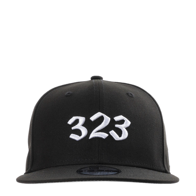 Black baseball cap with white '323' front logo and flat brim