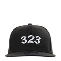 Black baseball cap with white '323' front logo and flat brim