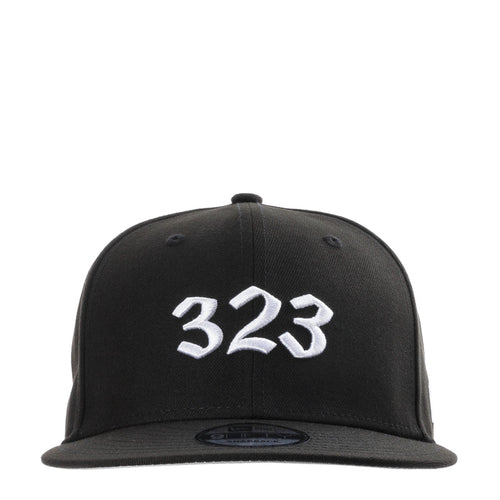 Black baseball cap with white '323' front logo and flat brim