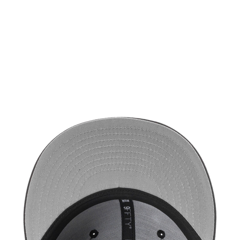 Light gray baseball cap with black inner brim and stitched top panel
