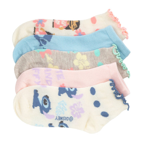Kids Lilo & Stitch short socks, 5-pack, multi-pastel with ruffled lettuce trim