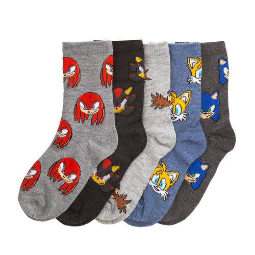 Kids crew socks 5-pack with colorful character faces on gray, black, and blue pairs