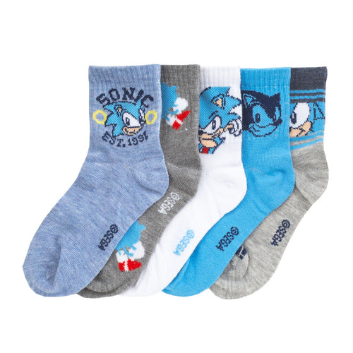 Kids ribbed mid crew socks 5-pack, blue/gray with Sonic character prints