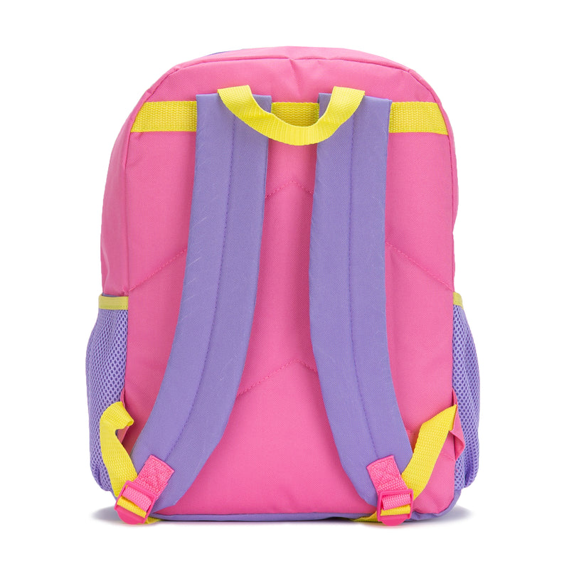 Pink backpack back view with padded straps and purple mesh side pocket