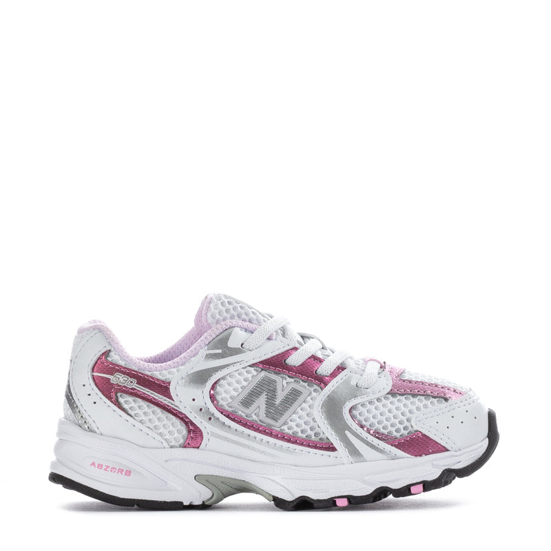 Toddler sneakers, white with pink accents, mesh upper and lace-up front