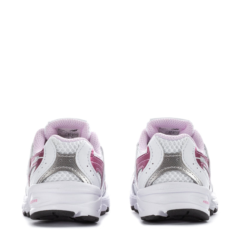 Toddler sneakers heel view, white uppers with pink overlays and cushioned lining