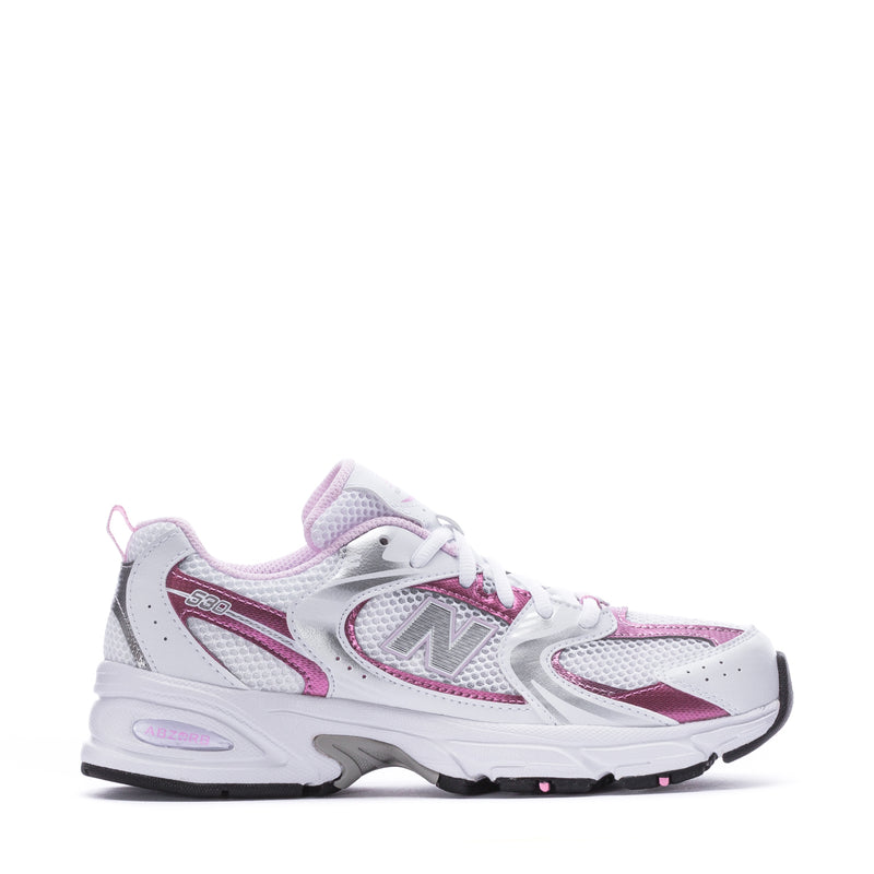 Youth lace-up running sneaker in white with pink accents, side/front view