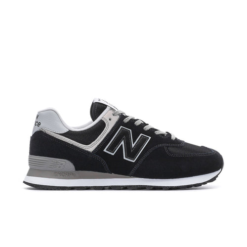 Men's New Balance 574 extra-wide sneakers in black with white accents, lace-up.