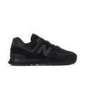 Men's New Balance 574 sneakers in black with N logo, lace-up, cushioned sole.