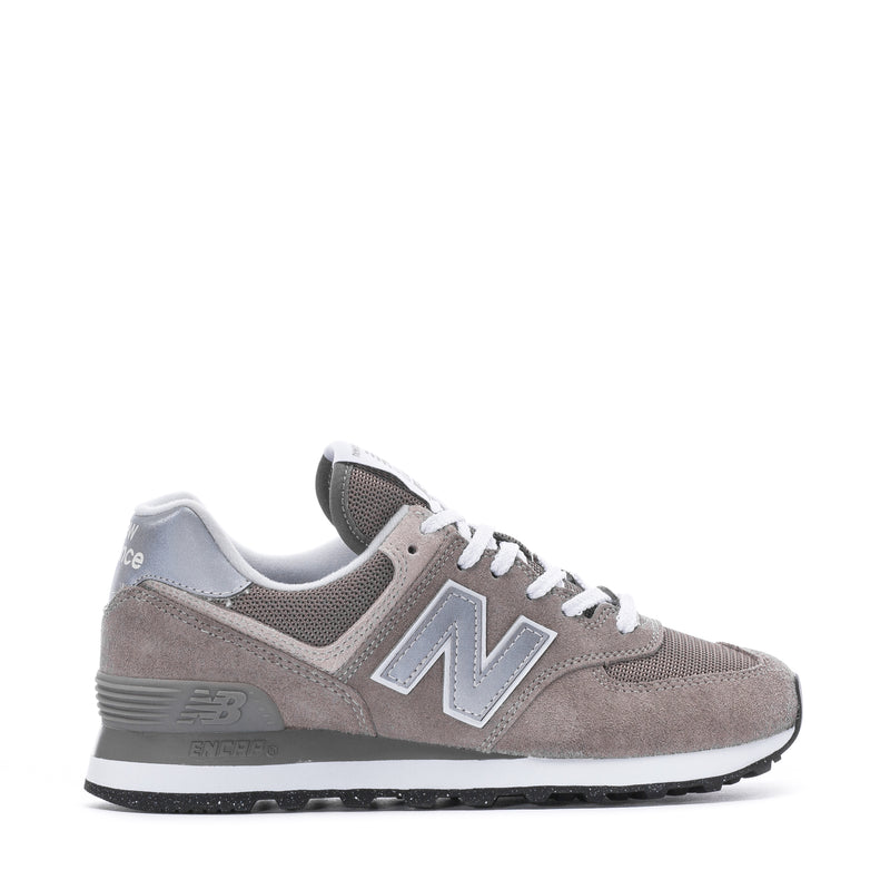 Women's New Balance 574 low-top sneakers in grey suede with white N logo accents