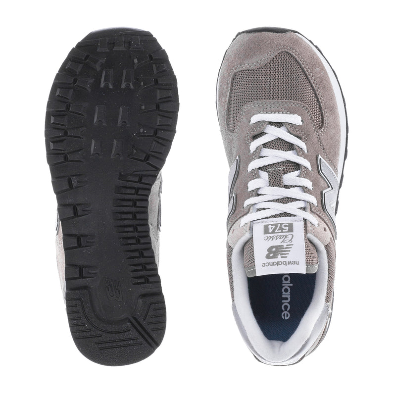 Women's New Balance 574 outsole and shoe interior view, grey upper with white laces
