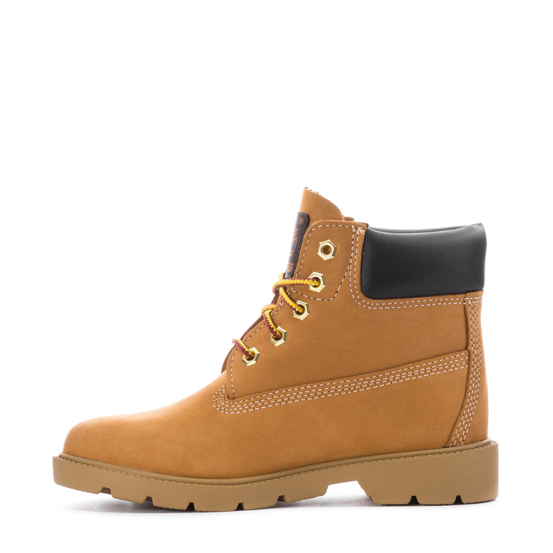 Kids wheat lace-up boot with black ankle collar and Timberland logo