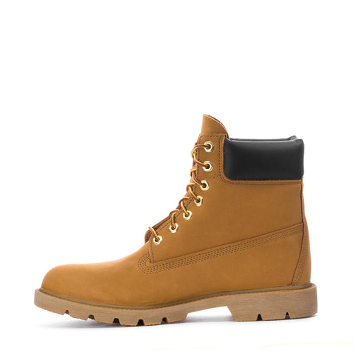 Wheat lace-up waterproof boot with black ankle collar, side stitching, and tread sole