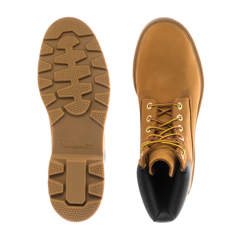 Wheat boot outsole and top view: lace-up uppers with black lining, grippy rubber sole