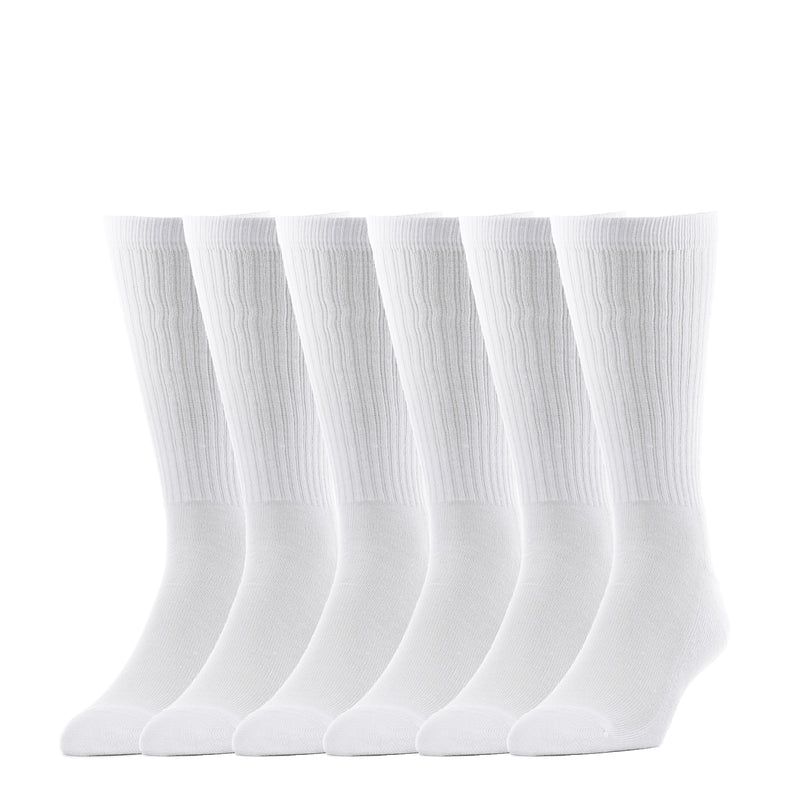 White crew socks, 6-pack, ribbed cuffs and textured knit leg