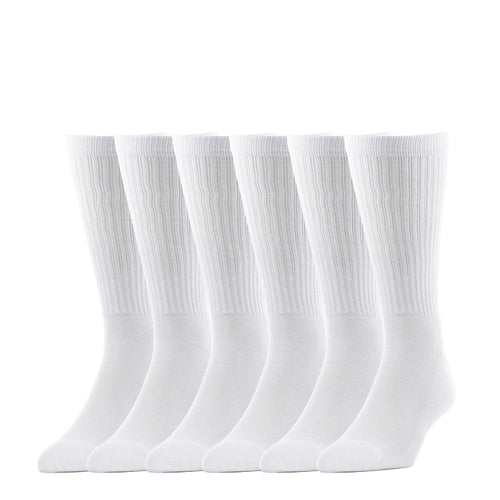 White crew socks, 6-pack, ribbed cuffs and textured knit leg