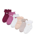 Six-pack infant ruffle socks in beet, pink, peach, gray, and white, stacked