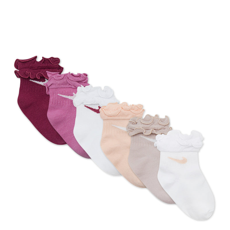 Six-pack infant ruffle socks in assorted pinks, peach, gray, and white, fanned