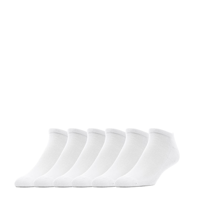 Pack of six large no-show socks, white, low-cut with ribbed cuffs.