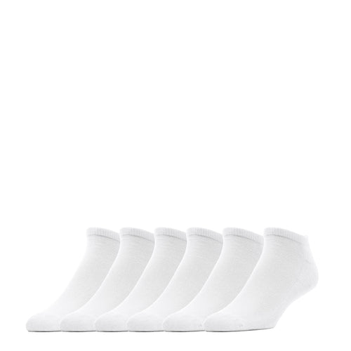 Pack of six large no-show socks, white, low-cut with ribbed cuffs.
