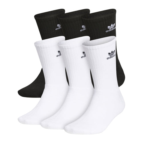 6-pack crew socks in white and black, assorted pairs with adidas logos