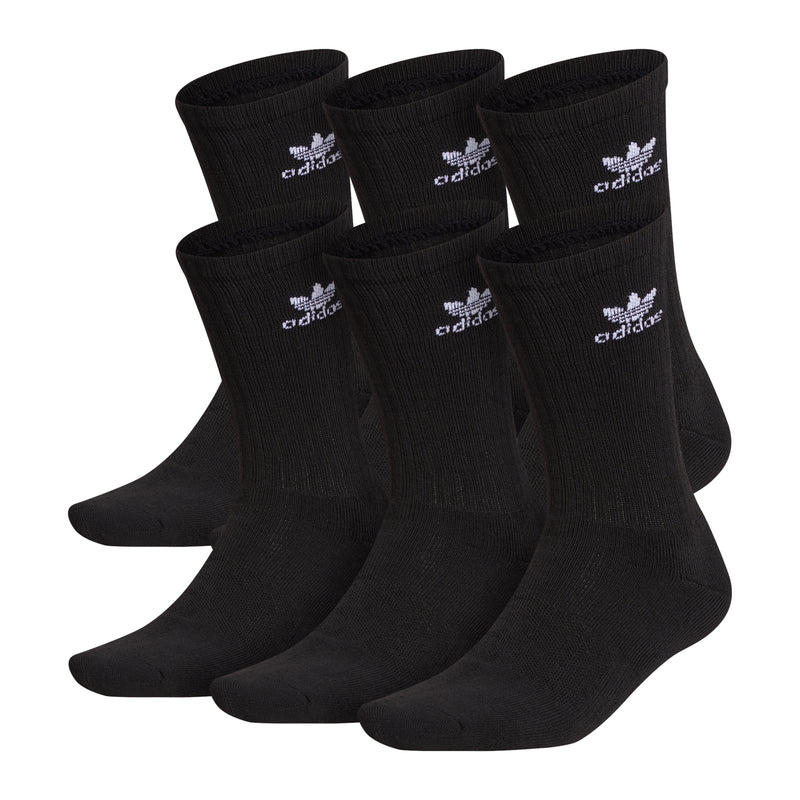 6-pack black crew socks with adidas logo, cushioned knit and ribbed crew cuff