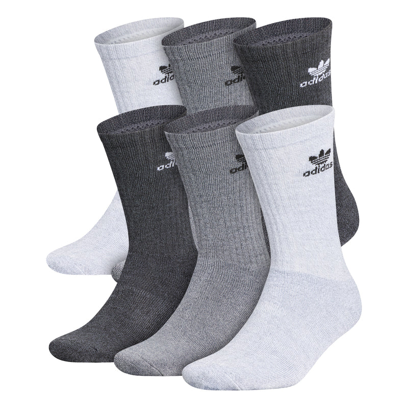 6-pack crew socks in grayscale, assorted light and dark gray with adidas logos