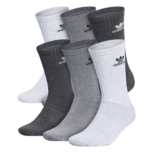 6-pack crew socks in grayscale, assorted light and dark gray with adidas logos