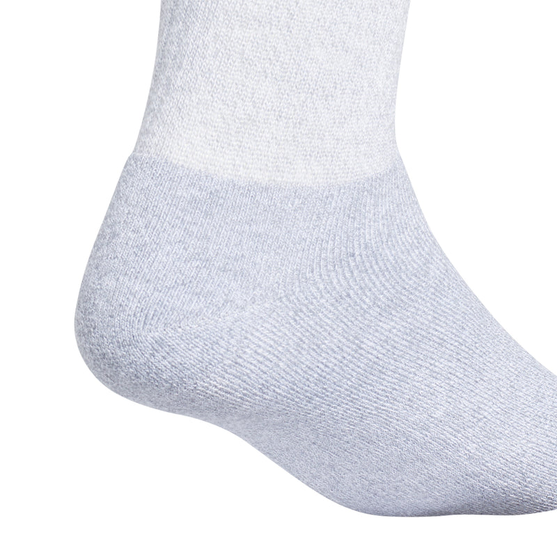 Light gray crew sock close-up of ribbed knit and cushioned toe