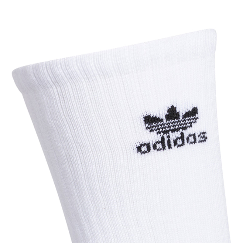 White crew sock cuff with adidas logo and star icon
