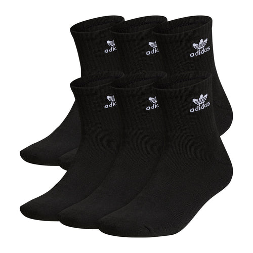 Adidas 6-pack quarter crew socks, black with white logo at the cuff