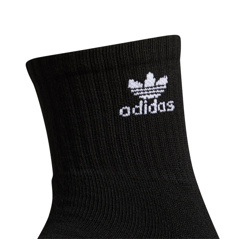 Black quarter crew sock with white adidas logo on the cuff