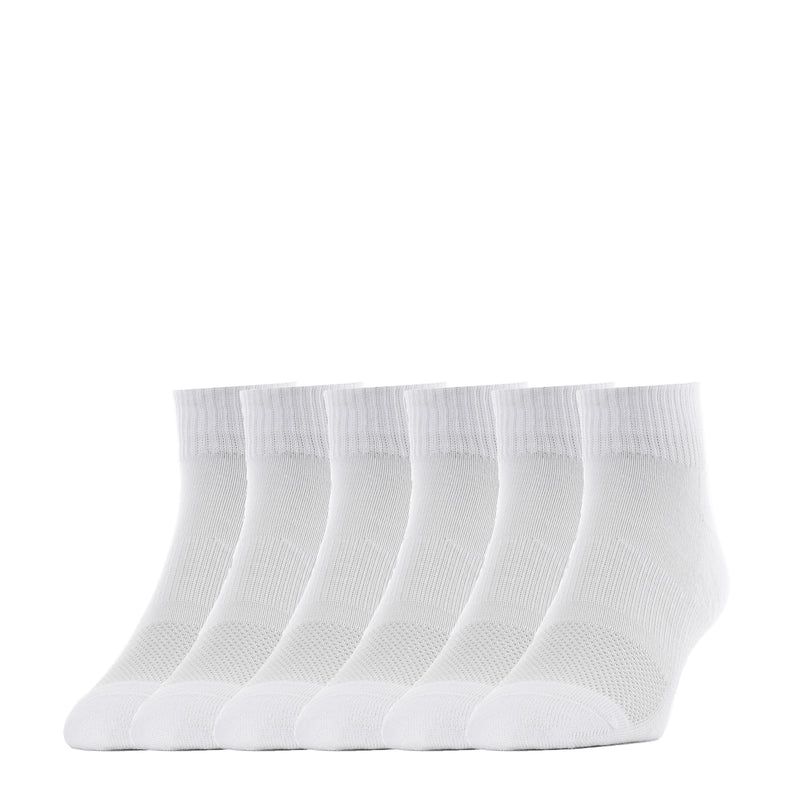 White quarter socks, large 6-pack—ribbed knit with crew height