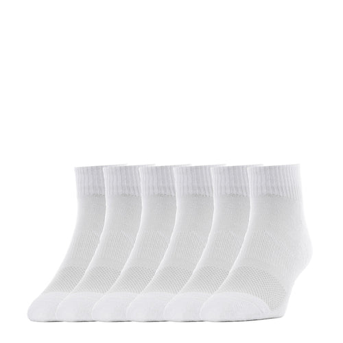 White quarter socks, large 6-pack—ribbed knit with crew height