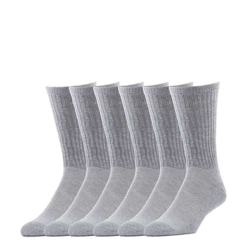 Six-pack grey crew work socks, ribbed knit and crew height for daily wear