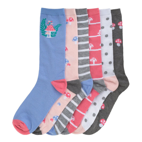 6-pack medium crew socks, assorted mushroom prints and stripes in blue, pink, gray, white