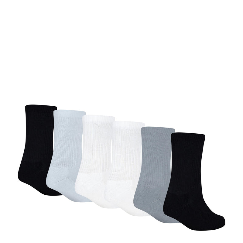 6-pack crew socks lined up in black, light blue, white, and gray; Jordan logos