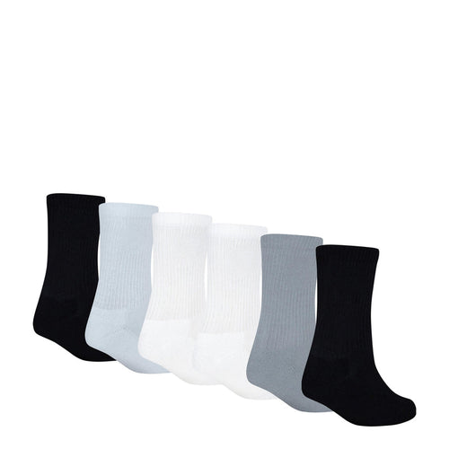 6-pack crew socks lined up in black, light blue, white, and gray; Jordan logos