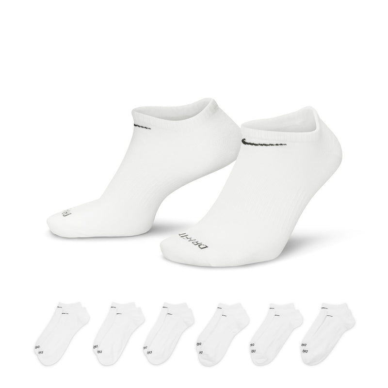White no-show ankle socks, 6-pack with black Nike swoosh on cuff