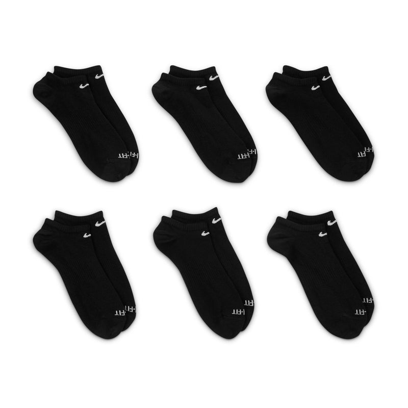 Black no-show ankle socks with Nike swoosh, lightweight 6-pack, assorted angles