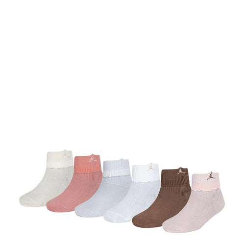 6-pack fold-over ankle socks in light gray, pink, blue, white, brown, pale pink