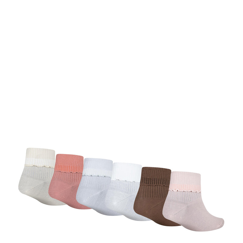 6-pack fold-over ankle socks with mixed neutrals: gray, dusty pink, blue, white, brown