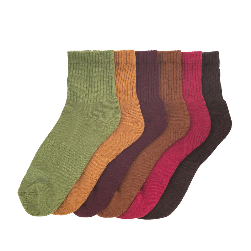 Six-pack half crew ribbed socks in olive, orange, burgundy, brown, pink, and dark