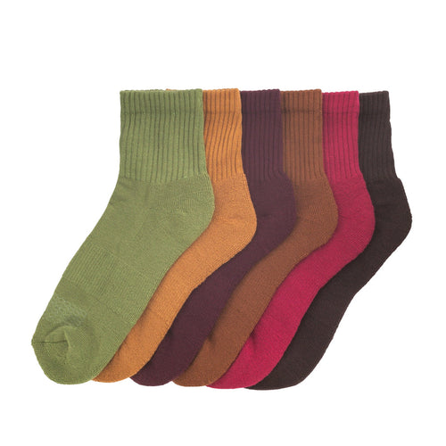 Six-pack half crew ribbed socks in olive, orange, burgundy, brown, pink, and dark