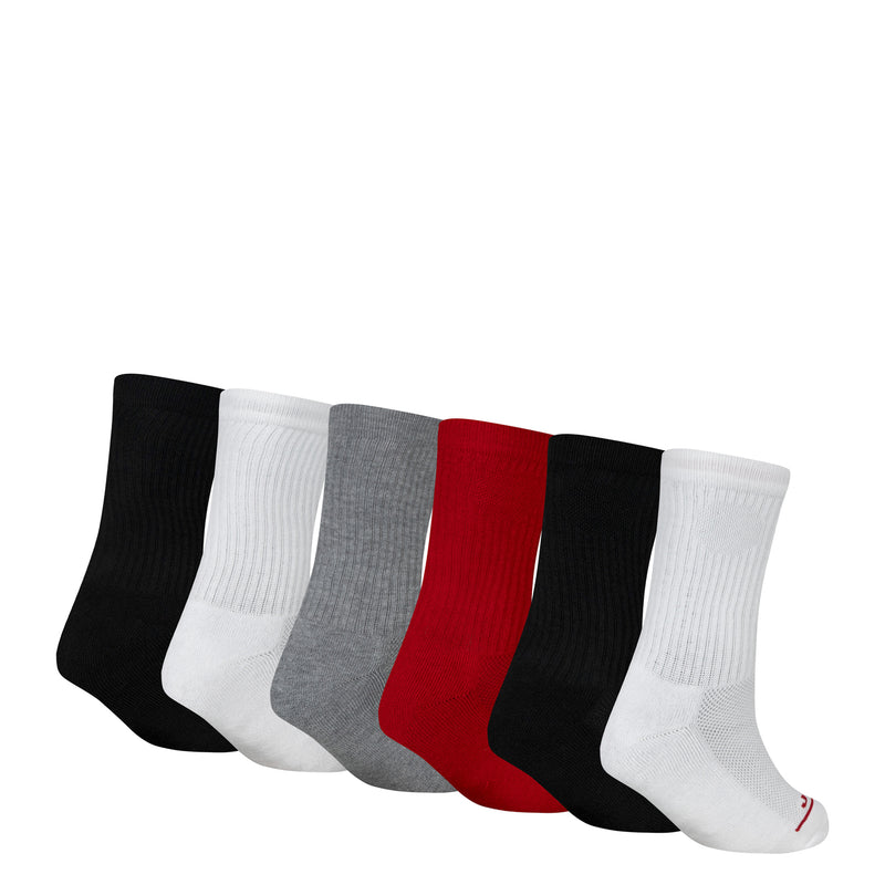 Assorted 6-pack crew socks in black, white, gray, and red with Jumpman logo