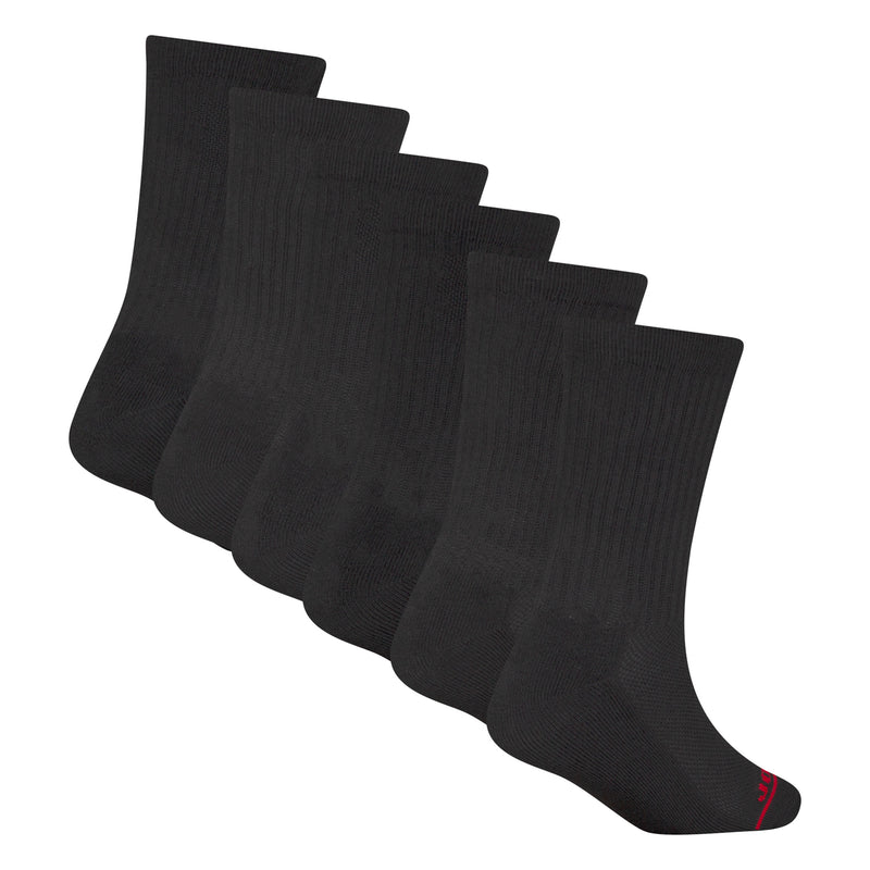 Black crew socks set with red heel accent, stacked for display
