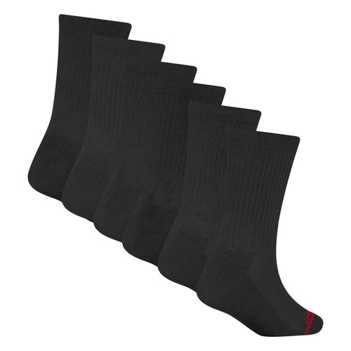 Black crew socks set with red heel accent, stacked for display