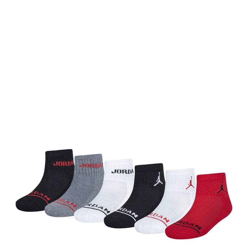 6-pack quarter socks, black gray white and red with Jordan branding