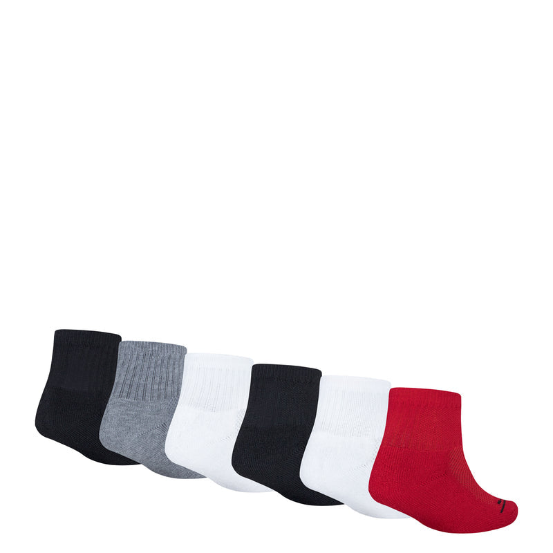 6-pack quarter socks set in black, gray, white, and red; Jordan logo